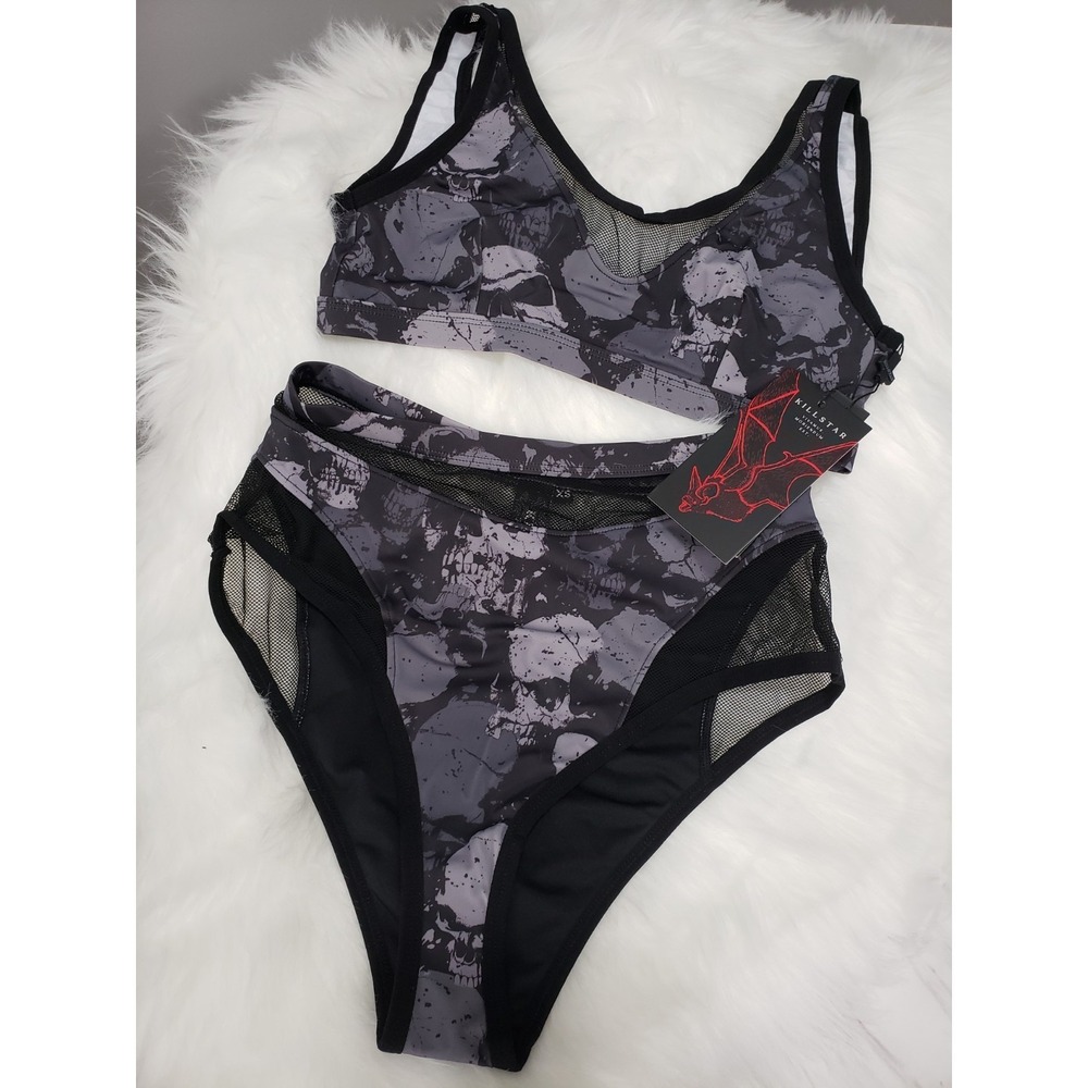 NEW SIZE XS Killstar skull high waist bikini TOMB LAGOON gothic punk black mesh